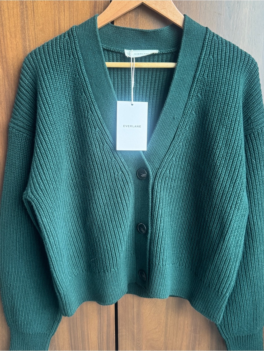 Everlane Dark Green Ribbed V-Neck Button Cardigan